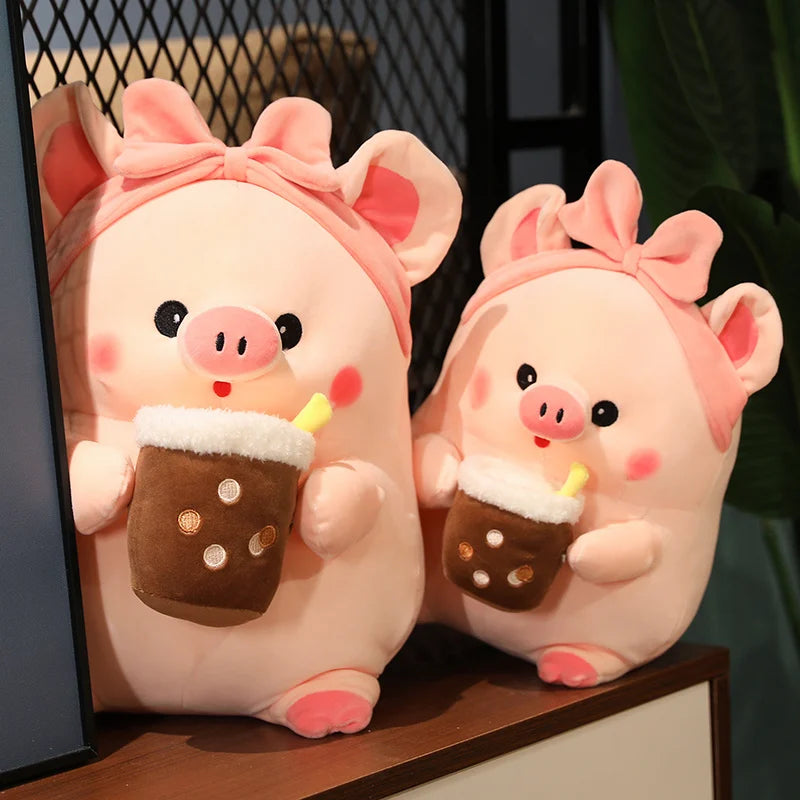 Kawaii Plush Piggy Drinking Bubble Tea