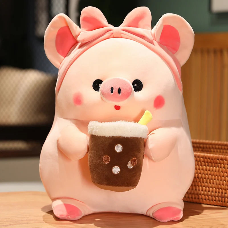 Kawaii Plush Piggy Drinking Bubble Tea
