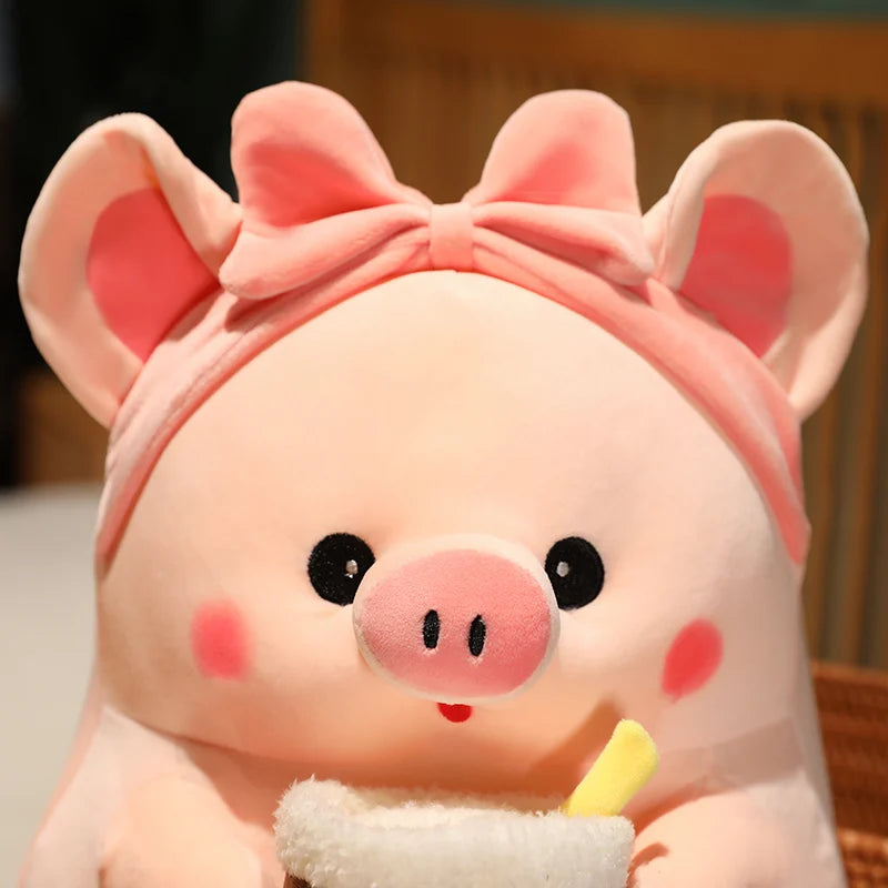 Kawaii Plush Piggy Drinking Bubble Tea