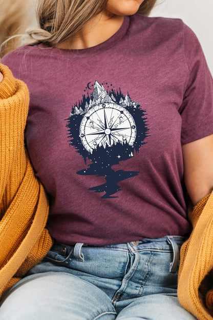 Compass Mountains Forest Night Sky Graphic Tee