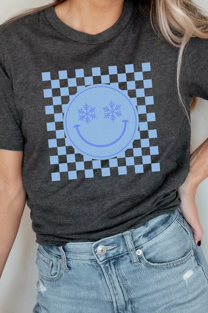 Snowflake Smiley Face Checker Winter Graphic Tee