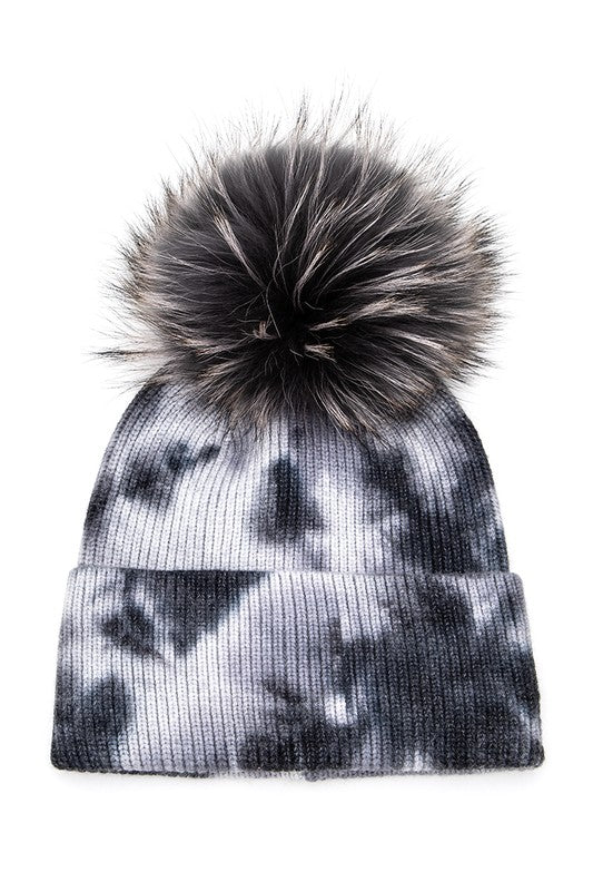 Tie Dyed Natural Raccoon Fur Pom Beanie