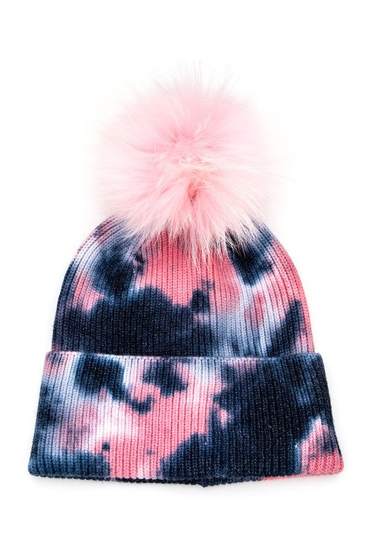 Tie Dyed Natural Raccoon Fur Pom Beanie