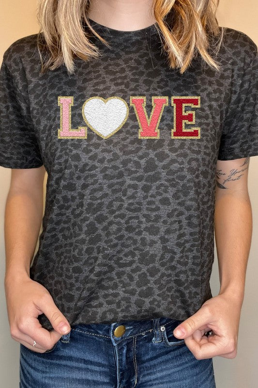 Love Faux Chenille Letters Black Leopard Tee