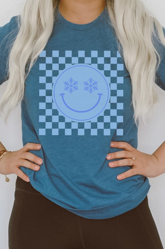 Snowflake Smiley Face Checker Winter Graphic Tee