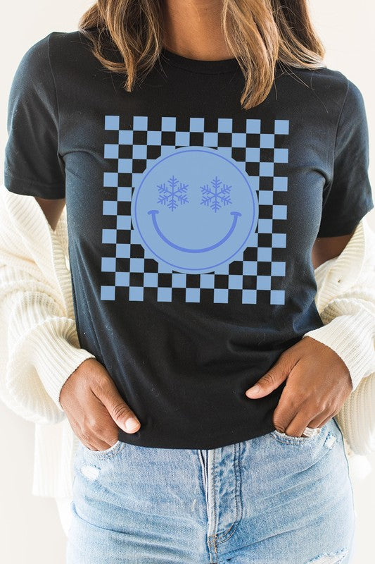 Snowflake Smiley Face Checker Winter Graphic Tee