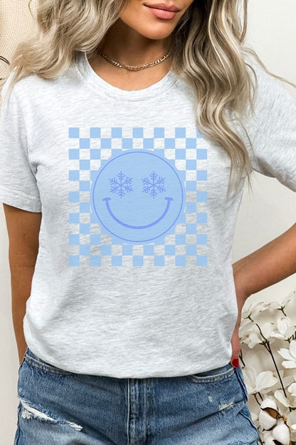 Snowflake Smiley Face Checker Winter Graphic Tee