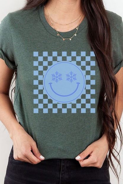 Snowflake Smiley Face Checker Winter Graphic Tee