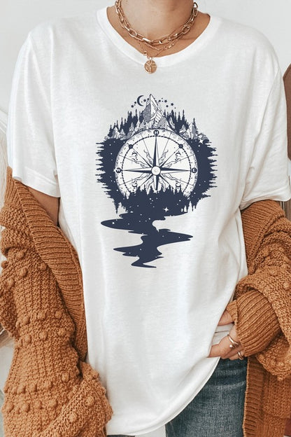 Compass Mountains Forest Night Sky Graphic Tee