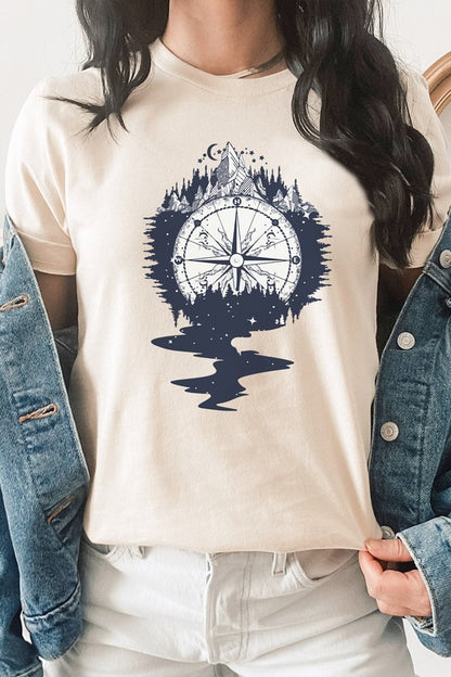 Compass Mountains Forest Night Sky Graphic Tee