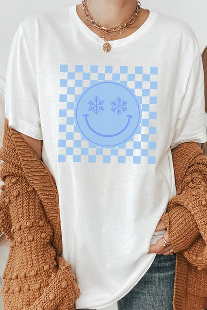 Snowflake Smiley Face Checker Winter Graphic Tee