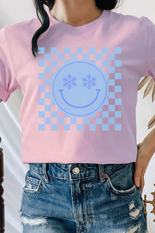 Snowflake Smiley Face Checker Winter Graphic Tee