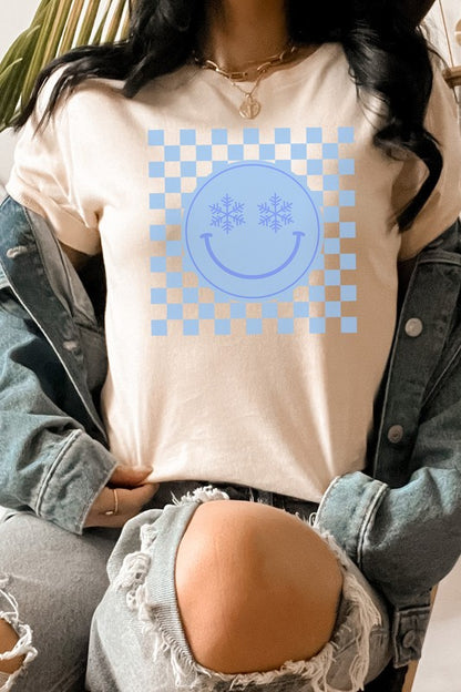 Snowflake Smiley Face Checker Winter Graphic Tee