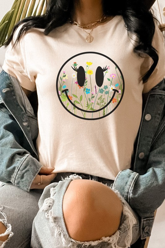 Boho Wildflower Lash Smiley Floral Graphic Tee