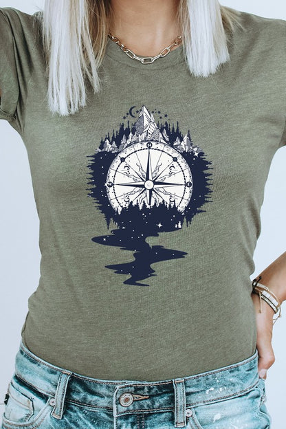 Compass Mountains Forest Night Sky Graphic Tee