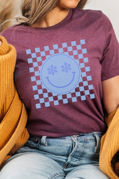 Snowflake Smiley Face Checker Winter Graphic Tee