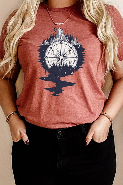 Compass Mountains Forest Night Sky Graphic Tee